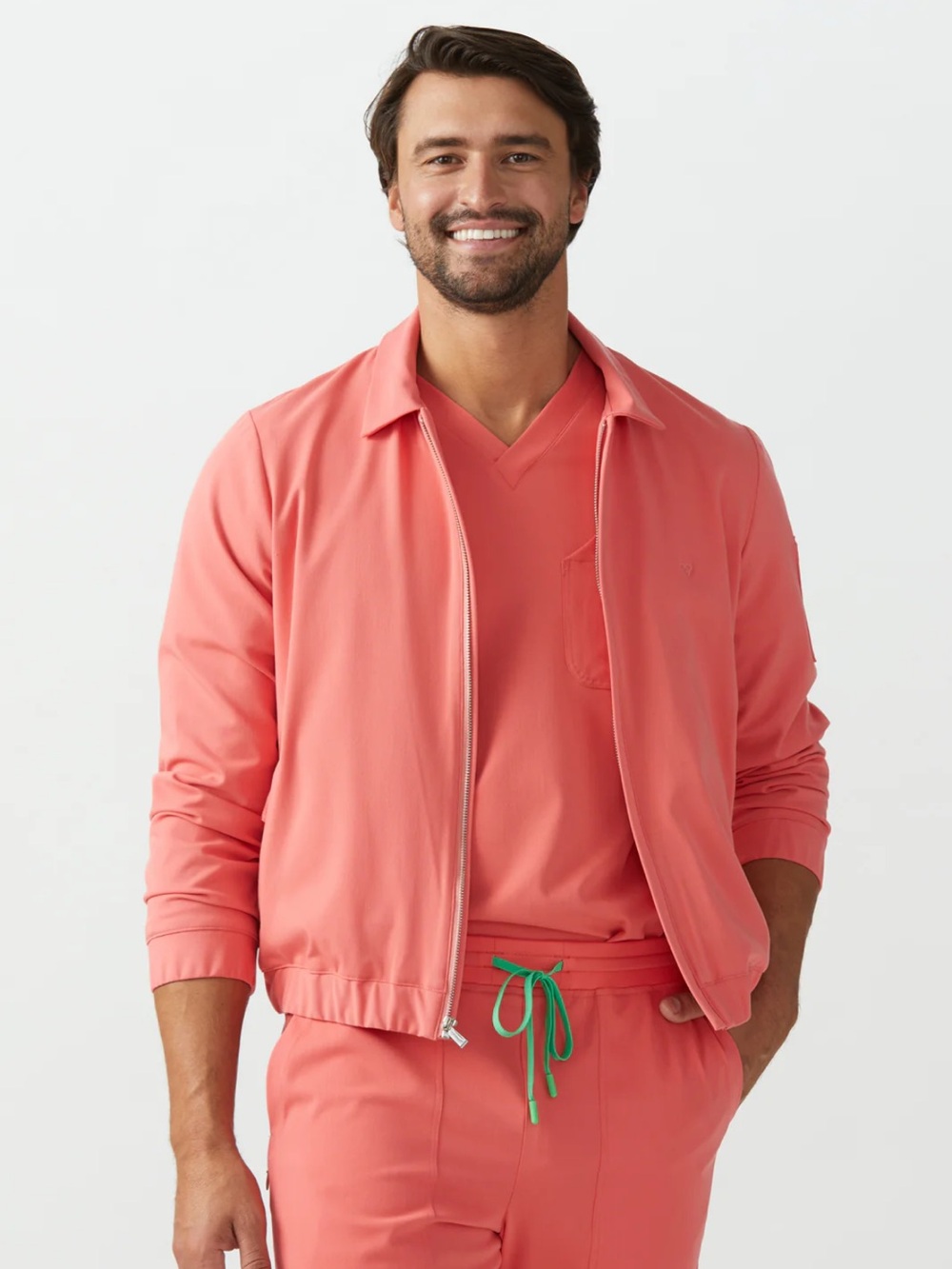 Coral Pink Stretch Scrub Bomber Jacket Full-Zip Utility Medical Workwear Welles